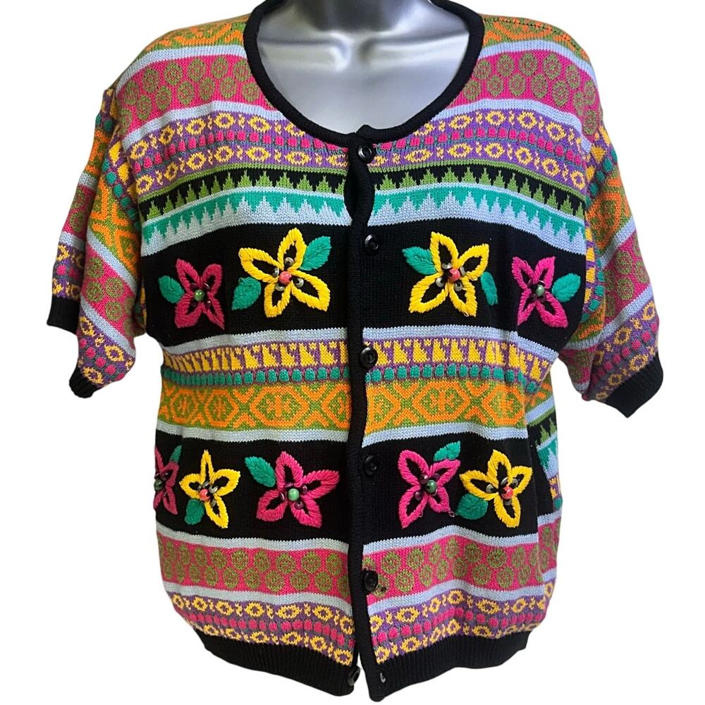 LizWear Vintage 1990's Knit Cotton Floral Embroidered Short Sleeve Cardigan-S